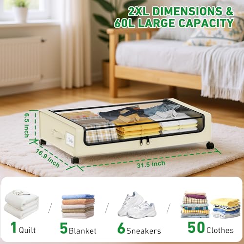 Beborxue Under Bed Storage with Wheels, 2-Pack Under the Bed Storage Containers with Lids, XXL 60L Under Bed Shoes Storage Organizer Bins, Rolling Underbed Storage for Clothes, Shoes, Blankets (Beige) - color: 2 Pack-Beige