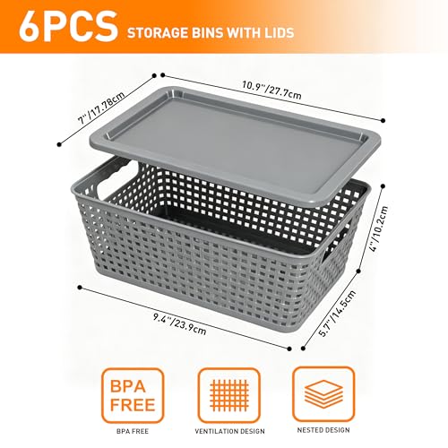 Plastic Storage Baskets With Lid, Storage Bins for Organizing, Stackable Decorative Containers for Shelves Drawers Desktop Closet Playroom Classroom Office, 6 Pack-Grey - color: Grey, size: 6 Pack