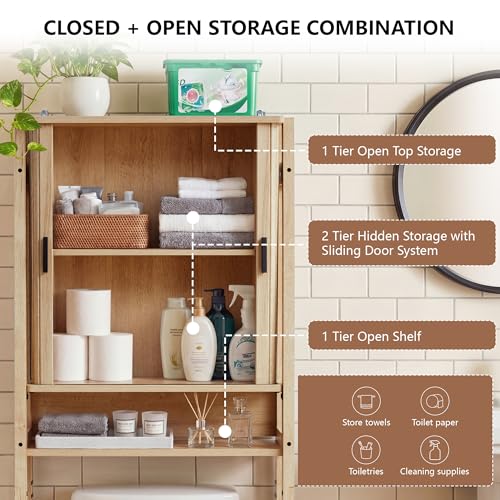 weselon Over the Toilet Storage Cabinet with Fluted Sliding Doors, Bathroom Space Saver Organizer, Freestanding Over Toilet Storage Rack for Small Bathroom, Wall-Anchored Wooden Cabinet (Natural) - color: Natural