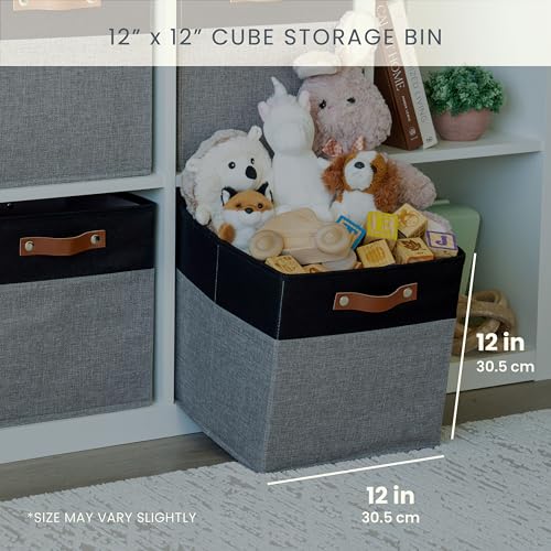 OrganiHaus 12" x 12" x 12" Fabric Storage Bins - Set of 4, Cube Canvas Organizer Bins with Vegan Handles, Kallax Storage Cubes, Cubbies Organizer Boxes, 12 Inch Cubic Baskets for Shelves - Grey/Black - color: Gray Base / Black, size: (12x12) Leather Handl