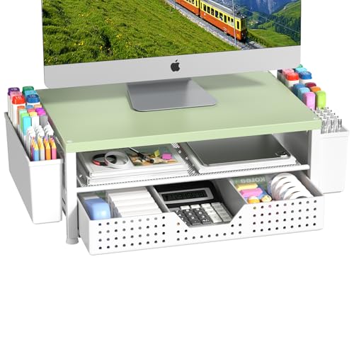Wood Metal Monitor Stand Riser, Laptop Stand for Desk, Office Desk Organizer and Accessories, Computer Desktop Shelf with Drawer and Pen Holder, Printer Stand for Home, Office, Dorm (Green Wood) - color: Green Wood
