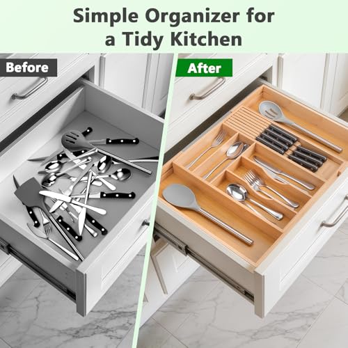 9-Piece Bamboo Kitchen Drawer Organizer Set, Expandable Silverware &Utensil Organizer with Removable Knife Block & Steak Knives, Flatware Organization, Tableware Dividers Storage(Natural) - color: Natural