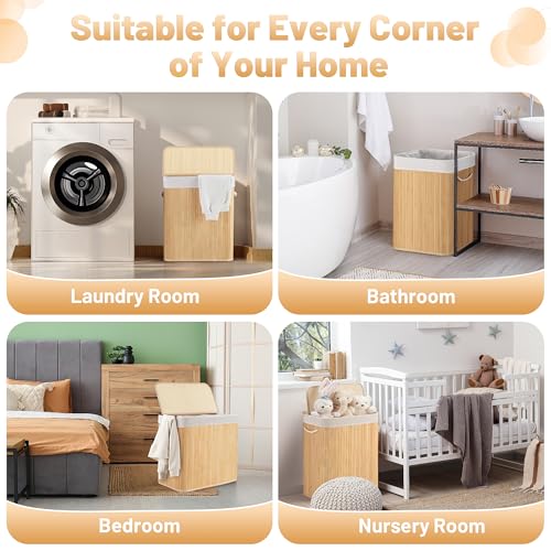 Aliphon 72L Slim Laundry Hamper with Lid, Foldable Bamboo Clothes Laundry Basket with Handles, Removable and Machine Washable Liner, for Bedroom, Bathroom, Dorm, Natural Beige - color: Natural Beige, size: 72L