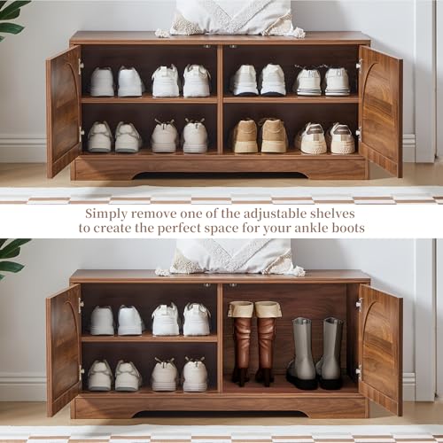 BERRYMERRY 39.4" Fluted Shoe Storage Bench for Entryway,2 Tier Shoe Cabinet Bench with Adjustable Shelf,Bench for Bedroom End of Bed (Walnut, 13.8”D x 39.4”W x 18.5”H) - color: Walnut