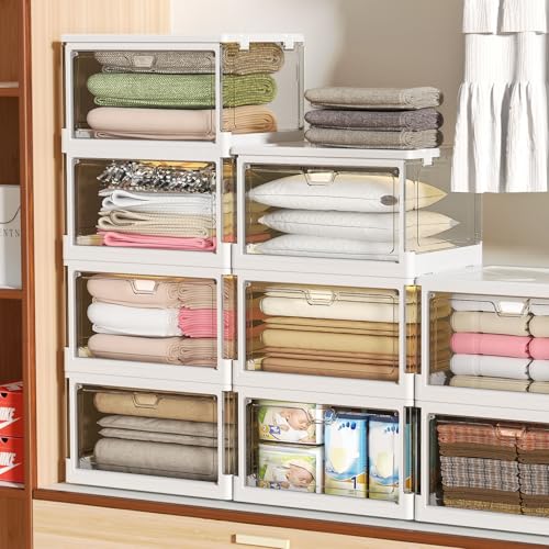 Kmiectse Clear Storage Bin with Lid 3 Pack 【Stackable & Sturdy】 Plastic Multifunctional Folding Storage Bins for Bedroom, Living Room, Study,Room, 23 QT Folding Box with Magnetic Door - size: 3 Tier-3 Lids