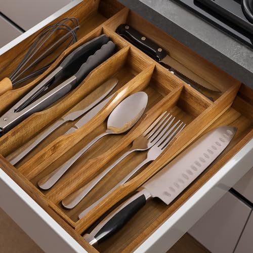 Expandable Acacia Kitchen Drawer Organizer for Cutlery and Utensils, Adjustable Acacia Wood Cutlery Tray in Drawer for Flatware and Silverware in Kitchen - color: Acacia, size: 7 Slots Expandable