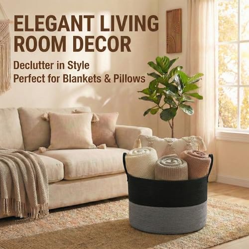 JMvicyroam 65L Extra Large Blanket Basket for Living Room - Woven Cotton Rope Laundry Hamper with Reinforced Handles - Storage Bin for Pillows, Comforters & Toys - Machine Washable,Black&Grey - color: Black&Grey, size: 65L