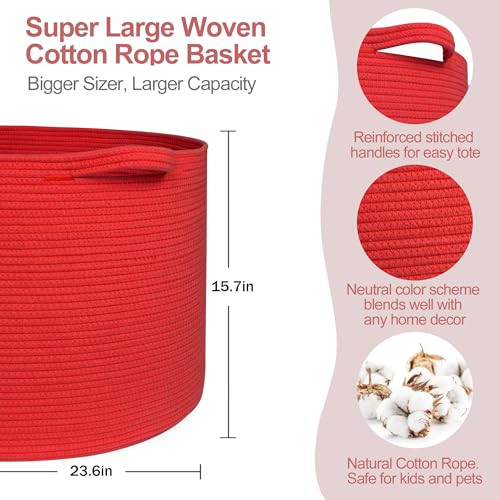 MEGASKET 115L Extra Large Red Basket for Organizing, 23.6"x15.7" Jumbo Woven Cotton Rope Bins for Blankets, Baby Nursery Laundry Basket, Kids Dog Toy Storage Box, Huge Red Living Room Decor Organizer - color: Red, size: 23.6"x23.6"x15.7"