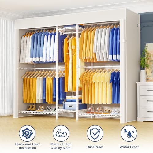 Ulif E12C Pro Heavy Duty Closet Organizer System，Freestanding Clothing Racks for Hanging Clothes，Adjustable Garment Rack 71"W x 16"D x 76.5"H Hold 960lbs，White Clothing Rack with White Dustproof Cover - color: White Rack With White Cover, size: E12C Pro