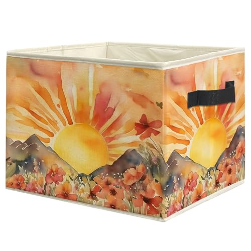 Boho Sun Wildflower Storage Bin Box with Handles, Watercolor Mountain Sunset Floral Botanical Foldable Linen Fabric Laundry Basket for Home Bedroom Bathroom Clothes Toys Books - color: Floral-F