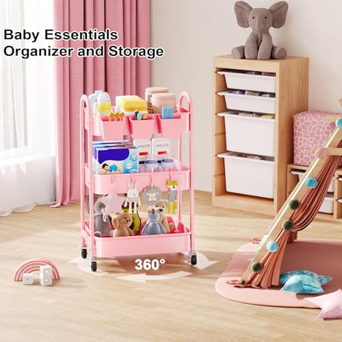 3 Tier Rolling Storage Cart Metal with Wheels, Pink Three Tiered Craft Cart Organizer on Wheels, Utility Carts for Baby Nursery, Diaper Caddy, Art, Book, Snack, Nail, Makeup, Bathroom Supplies, Mesh - color: Soft Pink, size: 3 Tier+Cups+Hooks