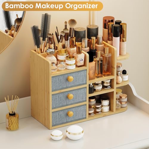 Large Makeup Organizer For Vanity, Large Capacity 3 Tiers Bamboo Bathroom Counter Organizers and Storage, Countertop Makeup Brush Holder, Nail Polish Perfume Stand with 3 Drawers and 10 Compartments - color: Natural Bamboo