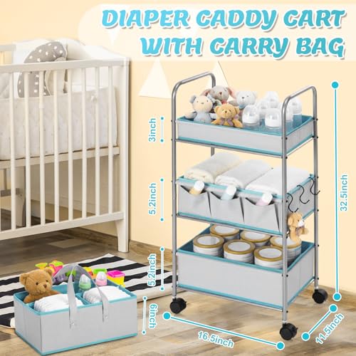 FoldTier 2in1 Colorful Baby Diaper Caddy Organizer Cart 3 Tier Large Capacity Metal Utility Bedside Rolling Cart with Divider for Newborn Nursery Essential Must Have Crib Bedroom Baby Shower (Blue) - color: Blue