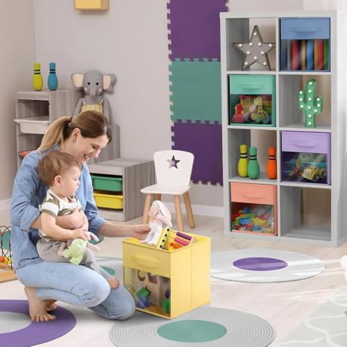 Sorbus 13 Inch Storage Bins with Clear Window - 6 Foldable Baskets for Organizing Clothes, Toys, Books - Sturdy Collapsible Fabric Storage Cubes with Handle - Storage Baskets for Shelves, Closets - color: Pastel Multi-Color with Window, size: 13 Inch