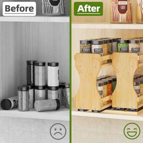 BAMEOS Pull Out Spice Rack Organizer for Cabinet, Bamboo Wide 9" Slide Out Seasoning Organizer for Kitchen, No Drill Anti-Tip Ball Bearing Silent Glides, Pantry Cabinet Organizer, Natural - size: 9" Wide, 2 Drawers