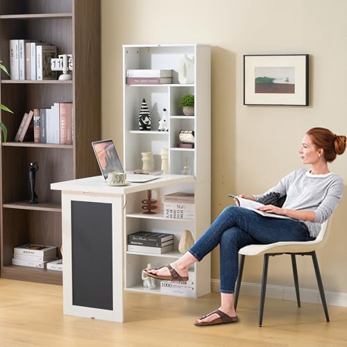 Folding Desk with Storage,Foldable Convertible Writing table with Blackboard and Shelves,Wall Mount Fold Out Table Cabinet , Space-Saving Murphy Desk Multi-Function Home Office Workstation (White) - color: White