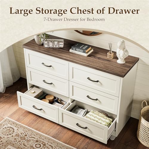 AODK Farmhouse 6 Drawer Dresser for Bedroom, 47” Wide Rustic Storage Dresser with Engineered Wood Frame, Anti-Tip Safety Chest, American Country Bedroom Furniture, Walnut & Vintage White - color: Walnut & Vintage White, size: 15.7"D x 47"W x 30.4"H (6 Dra