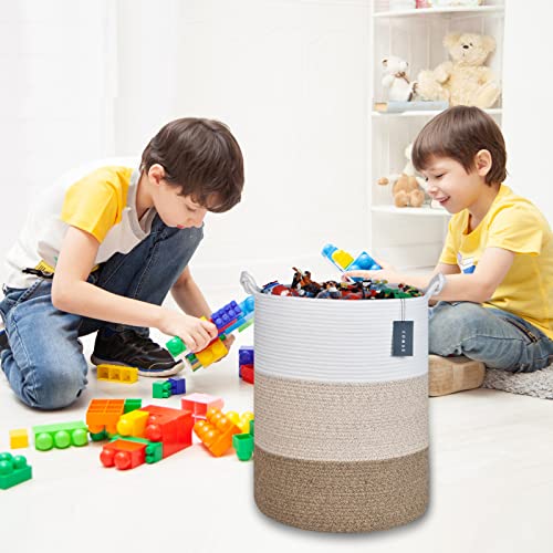 COMSE Extra Large Blanket Basket, Tall Woven Storage Basket, Nursery Hamper, 15.7”x 21.7”, Cotton Rope Laundry Hamper for Toys Clothes Towels, White/Gradient Brown - color: White & Gradient Brown