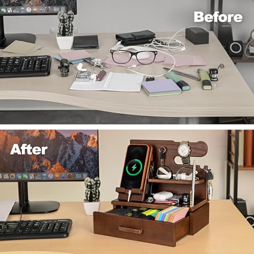 TESLYAR Wood Phone Docking Station with Drawer - Nightstand Organizer - Desk Organizer for Husband - Birthday Gifts for Men, Dad, Anniversary Idea, Key Holder Stand Watch & Accessories (Antique Brown) - color: Antique Brown