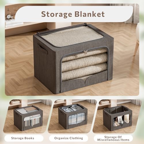 FHSQX 3 Pack Clothes Storage Bins Foldable Metal Frame Storage Box Stackable Linen Fabric Organizer Set with Carrying Handles and Clear Window (Dark Gray, 15.7x11.8x7.8inch(22L)) - color: Dark Gray, size: 15.7x11.8x7.8inch(22L)