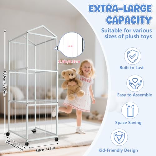 NomNest Stuffed Animal Storage Zoo, Large Carbon Steel Plushies Organizer, Heavy Duty Metal Teddy Bear Toy Holder with Wheels for Kids' Bedroom & Playroom & Nursery (Wheeled, White) - color: Wheeled, White
