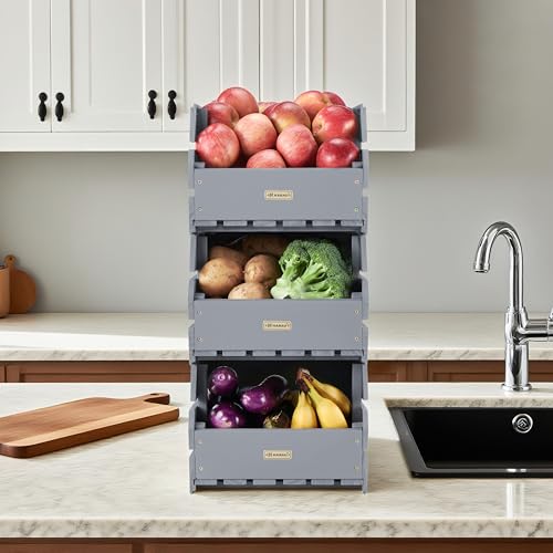 Wood Potato Onion Storage Bins - Wooden Stackable Produce Basket - Fruit Vegetable Storage for Kitchen Pantry Organization, Set 3 Pieces - color: Dusty Grey