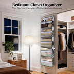 5 Tiers Ultra-thin Over Door Organizer with 10 Mesh Side Pockets, 44 lbs Weight Capacity Hanging Storage Organizer with Clear Window Kids Toys, Shoes, Diapers, White & Grey