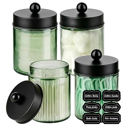 Amolliar 4 Pack Apothecary Jars Bathroom Vanity Storage Organizer Set -Countertop Canister with Stainless Steel Lids &Stickers Qtip Dispenser Holder for Cotton Swab (Green-black Lid) - color: Green-Black Lid