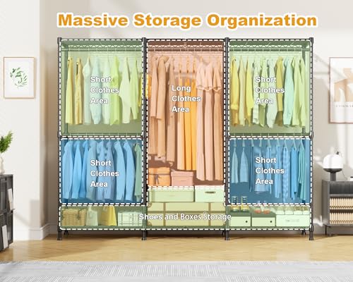 ULIFHOME E14C Pro Heavy Duty Closet Organizer System，Freestanding Clothing Racks for Hanging Clothes，Adjustable Garment Rack 70.1"W × 16.6"D × 76.4"H Hold 960 lbs，Black Rack with Black Dustproof Cover - color: Black Rack With Black Cover