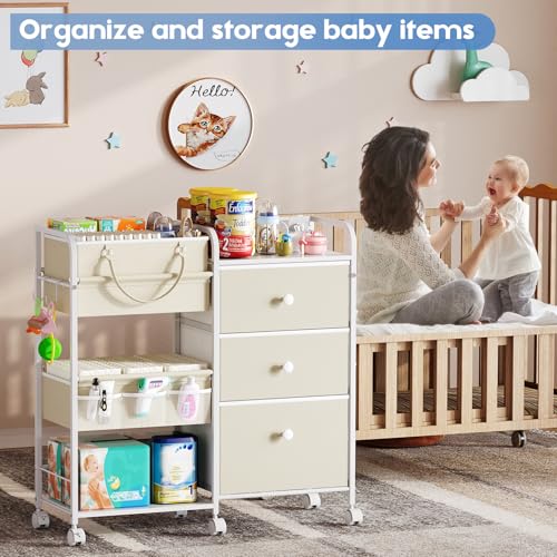 Cidaziya 2In1 Baby Diaper Caddy Organizers and Storage, 3 Tier Rolling Cart with Dividers and Drawers, Mobile Utility Cart Baby Dresser Clothes Organizer for Changing Table, Crib Nursery, Bedroom - color: White, size: 32.48"W x 11.42"D x 33.5"H