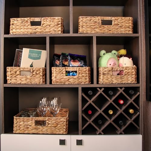 Rectangular Water Hyacinth Storage Baskets, Wicker Storage Baskets for Shelves, Square Shallow Basket, Woven Drawer Basket With Handle, 15.2” L x 12” W x 4.7” H - size: large - 15.2 in ×12 in × 4.7 in