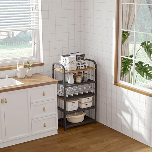 Shoe Rack, 5-Tier Shoe Organizer with Guardrails, Heavy-Duty Metal Mesh Shelves & Rustic Wooden Top for Stylish Closet & Front Door Storage - size: 17.32" X 10.24" X 29.33"