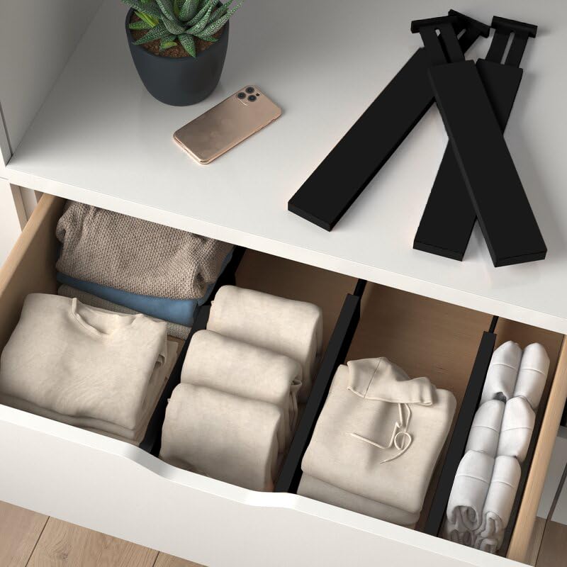 6-Pack Drawer Dividers - 2.6 Inches High, Adjustable 16 to 22 Inches Bamboo Drawer Organizer, Large Expandable Separator for Clothes, Dresser, Bedroom, Bathroom, Baby, Office, Kitchen Utensils, Black - color: Black