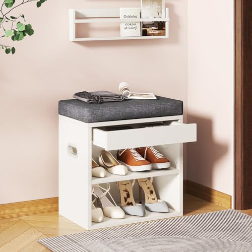 YMYNY Small Shoe Storage Bench with Cushion and Drawer, 2 Tier Adjustable Entryway Bench with Storage, Wooden Shoe Rack Bench for Entryway, Living Room, Hallway, Closet, Bedroom, White, HSC002W - color: White