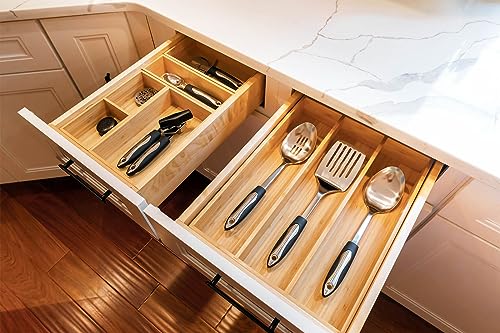 Umilife Bamboo Kitchen Utensils Organizer, Extra High Silverware Drawer Tray, Flatware Cutlery Storage Box, Multi-Use Holder in Office, Bathroom, Pantry - 15"x6"x2.5" (Set of 2) - size: 15 x 6 x 2.5" (Standard, Set of 2)