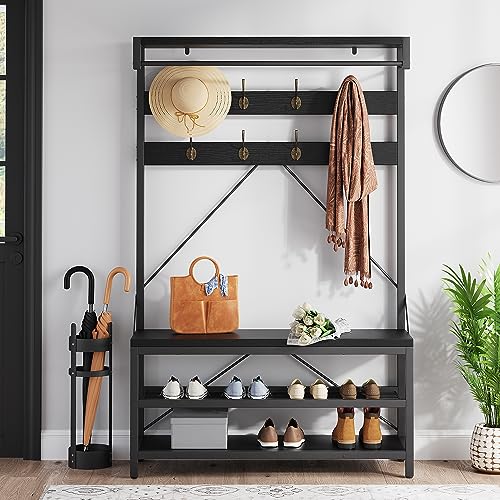 IDEALHOUSE Coat Rack Shoe Bench Industrial Hall Tree Storage Bench for Entryway Wood Look Accent Large Shoe Rack with Storage Shelf Hanging Bar,8 Hooks Grey 39.9"x15.7"x72" - color: Black