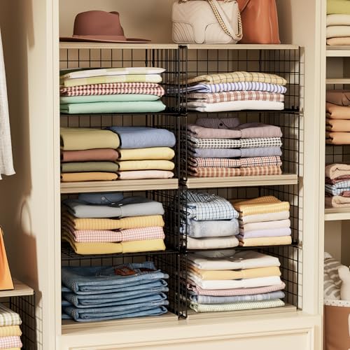 2 Pack Extra-Long, Low-Profile Closet Organizers and Storage with Wood Top, 4 Tier Stackable Closet Shelf Organizer, Space-Saving Clothes Storage Bin for Wardrobe & Small Spaces, Sturdy (Black) - color: BLACK, size: 4-tier:15.74"L x 12"W x 17.32"H