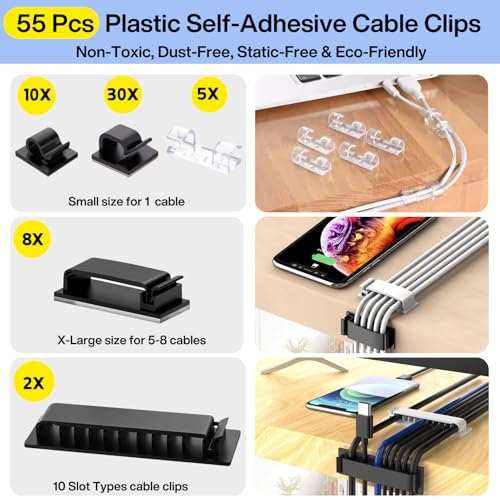 [313Pcs] Cable Management Kit, 67 Adhesive Cable Clips, Topavatop Desk Cord Organizer, 22 Reusable Cable Strap, 4 Cable Sleeve Split, 200 Nylon Cable Zip Ties with 20 Mounts for TV Office Home, Black - color: Black