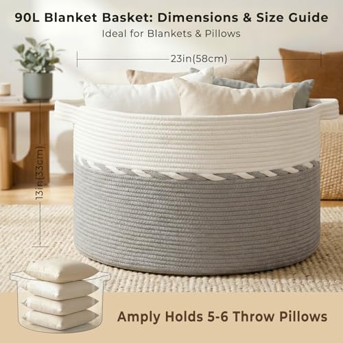 OIAHOMY 90L Blanket Basket for Living Room, Large Basket 23" x 23" x 13" with Handle, Laundry Hamper for Blankets, Pillows, Toy Storage for Kids, Dogs - Grey & White - color: Grey & White, size: 23" x 23" x 13"