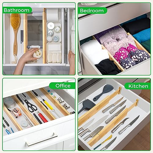 4 Pack Bamboo Kitchen Drawer Dividers with Inserts 2.6" High, Adjustable from 12.5 Inch to 21.7 Inch Drawer Organizers, Expandable Drawer Separators for Clothes, Bedroom, Dresser, Office (Beige) - color: Beige, size: 12.5-21.7 Inches