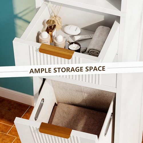 Einhomn 67" Tall Bathroom Storage Cabinet with Removable Laundry Basket & Shelf, Narrow Bathroom Cabinet Storage with Glass Door and Drawer, for Bathroom, Living Room, Entryway, Kitchen, White