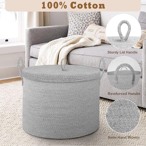 21" x 18" Extra Large storage baskets,Decorative blanket basket with lid for Living room,rope baskets with lid,wicker hamper for bedroom,Big,Round,Grey - color: Grey