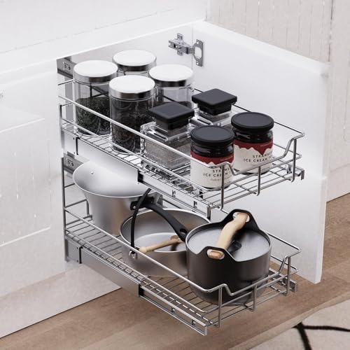 2 Tier Pull Out Cabinet Organizer 18" W X 22" D, Slide Out Drawers For Kitchen Cabinets, Pull Out Drawers For Cabinets Capacity Heavy Duty Caddy, Cabinet Pullout Shelves Chrome-Plated,Bathroom Pantry - color: 2 Tier - Chrome-Plated, size: 18" W X 22" D
