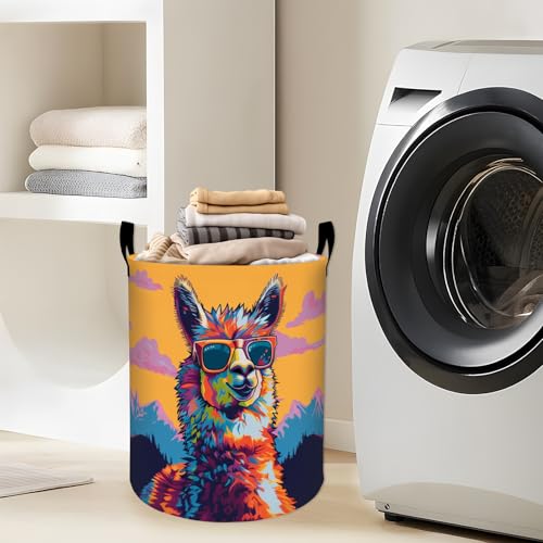 Colorful Llama with Cool Sunglasses Laundry Basket with Handles, 19.7"x15.7" Clothes Foldable Laundry Hamper Organizer for Dorm Nursery Bedroom Bathroom Decor, Toy Storage Bin for Kids - style: Llama54