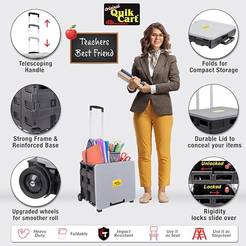 dbest products Quik Cart Collapsible Rolling Crate on Wheels for Teachers Tote Basket 80 lbs Capacity, Made from Heavy Duty Plastic and Used as a Seat, Grey - color: Gray, style: Standard