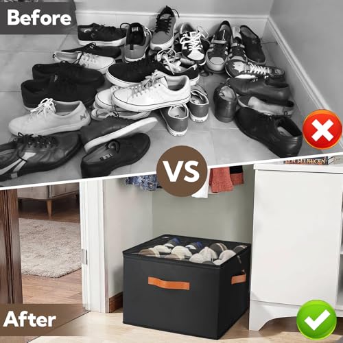 VZZNN 2 Pack Shoe Organizer for Closet, Foldable Shoe Storage Bins with Clear Cover and Adjustable Dividers, Fits up to 16 Pairs, Large Shoe Box Storage Containers with Reinforced Handles (Black) - color: Black