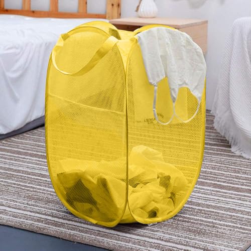 Mesh Pop up Laundry Hamper, Foldable Clothes Hamper Laundry Basket for Rooms, Apartment, College Dorm or Travel, Yellow - color: Yellow