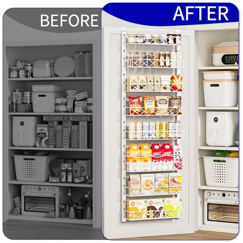 MIAOLI Over the Door Organizer, White 8-Tier Pantry Door Organizer with Adjustable Basket, Hanging Spice Rack Cabinet Door Shelves, Laundry Room Organization and Storage - color: White, size: 8-Tier