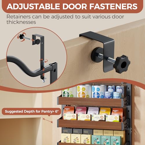 8-Tier Spice Rack Wall Mount, Heavy-Duty Over the Door Pantry Organizer with Wooden Adjustable Basket, 2 IN 1 Wall Mount or Hanging Pantry Door Organizer,Door Spice Rack for Pantry, Black - color: Black
