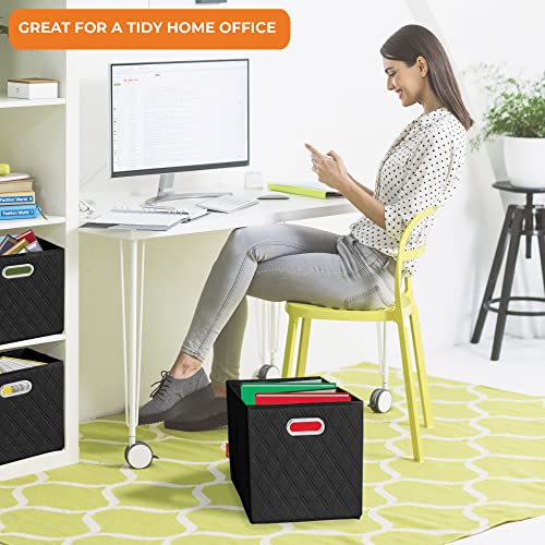 FH Group JIAessentials 12" Faux Leather Foldable Storage Cube Bins Set of 2 – Black Diamond Patterned Organizers with Handles for Closet & Shelves - color: Black, size: Medium